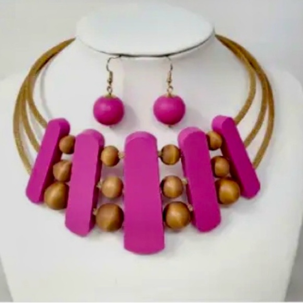 Pink and Gold Statement Necklace and Earring Set